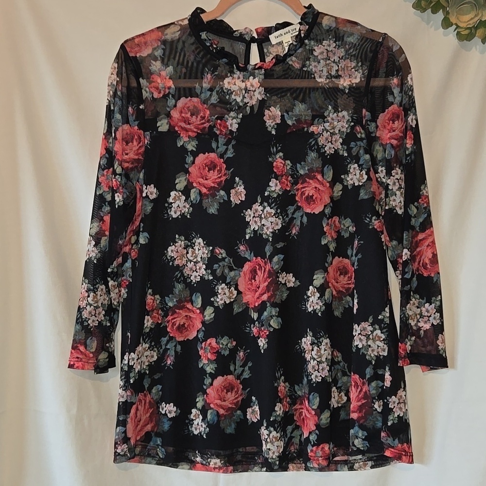 Faith and Joy Floral Mesh Top With Black Lining Size Large